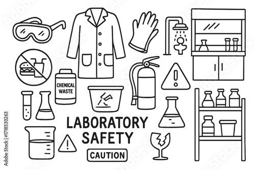 Laboratory Safety Doodles. Hand-drawn doodle illustration [laboratory safety with elements] safety goggles, lab coat, gloves, fume hood, no food icon, chemical
