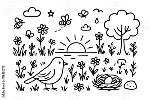 Birds at Dawn. Hand-drawn doodle illustration Birds at dawn in grasslands bird, feather, nest, egg, sun, tree, grass, wildflowers, butterfly, bee, cloud,