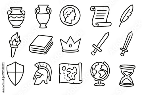 Historical Object Doodles. Hand-drawn doodle illustration history through objects pottery, amphora, coin, scroll, quill, torch, book, crown, sword, shield,