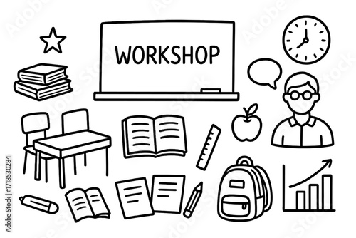 Classroom Doodle Icons. Hand-drawn doodle illustration classroom workshop chalkboard, desk, chair, books, notebook, teacher figure, speech bubble, apple,