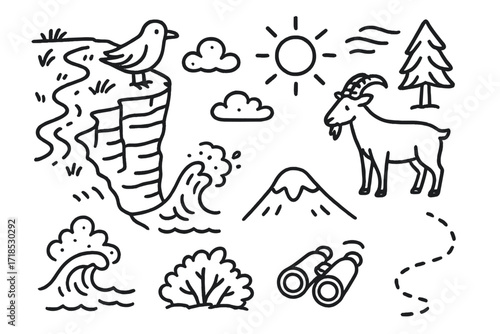 Cliffside Nature Doodle. Hand-drawn doodle illustration Cliff landscape [cliff edge, bird, wave, rock layers, sun, wind lines, grass, bush, hiking trail, small