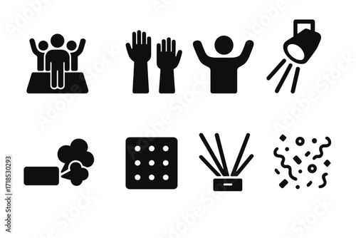 DJ Scene Icons. Solid, filled icon set of DJ crowd interaction: dance floor, raised hands, cheering, spotlight, smoke machine, LED lights, laser