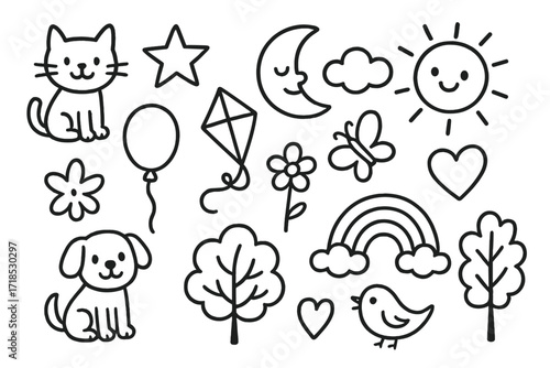 Playful Doodle Icons. Hand-drawn doodle illustration Playful wall decals, cat, dog, star, moon, cloud, sun, balloon, kite, butterfly, flower, heart, tree,