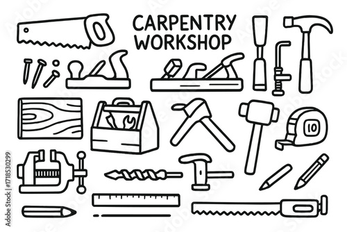 Carpentry Tools Doodle. Hand-drawn doodle illustration carpentry workshop saw, plane, chisel, hammer, clamp, nails, wooden peg, toolbox, wood board, bench
