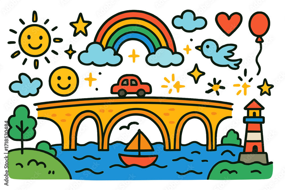 Obraz premium Colorful Doodle Bridge. Colorful Hand-drawn doodle Children illustration Massive Bridge [long bridge, river, boat, rainbow, star, heart, spark, smiling face,