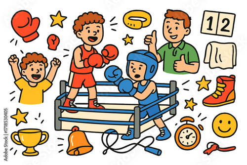 Youth Boxing Match. Colorful Hand-drawn doodle Children illustration Youth Boxing match ring, small gloves, cheering kid, coach, mouthguard, headgear, stars,
