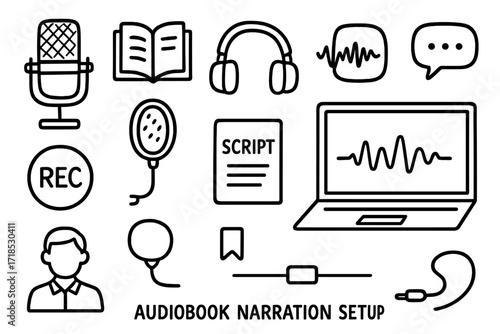 Audiobook Narration Doodle. Hand-drawn doodle illustration Audiobook narration setup microphone, book, headphones, waveform, voice bubble, laptop, pop filter,