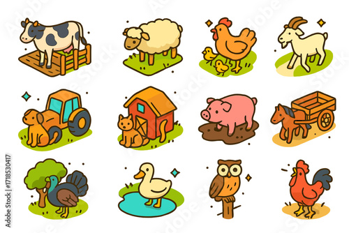 Farm Animal Icon Grid. Colorful isometric vector icons set of farm animals near plowed fields: cow near fence, sheep grazing, hen with chicks, goat on path,
