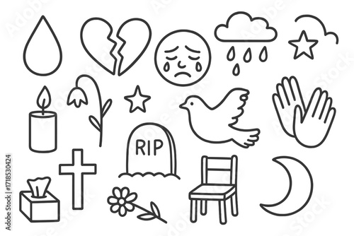 Grief Symbols Doodle. Hand-drawn doodle illustration grief tear, broken heart, crying face, cloud, rain, candle, flower, star, cross, tombstone, dove, hands,