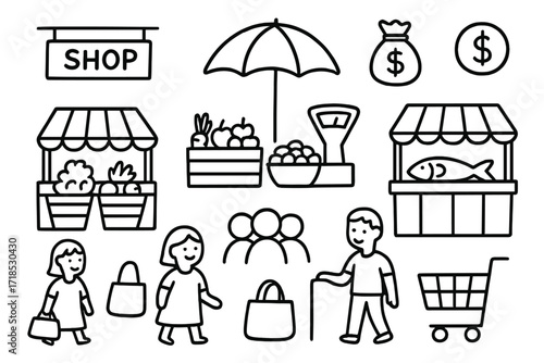Marketplace Doodle Icons. Hand-drawn doodle illustration marketplace square stalls, baskets, umbrella, weighing scale, fruits, vegetables, fish, bread loaf,