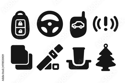 Luxury Car Icons. Solid, filled icon set of luxury car accessories: key fob, steering wheel, car alarm, tire pressure monitor, floor mats, seat belt, cup