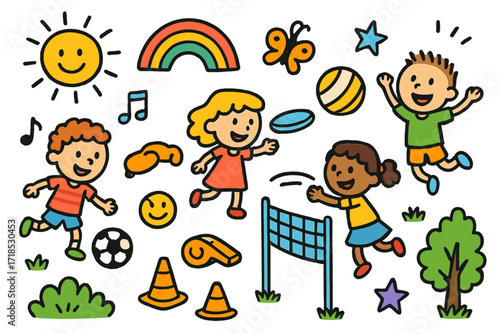 Playful Sports Doodles. Colorful Hand-drawn doodle Children illustration team games football, frisbee, volleyball, whistle, cones, ball, net,