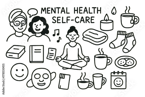 Self-Care Doodle Icons. Hand-drawn doodle illustration Mental health self-care with friends [spa mask, chat bubble, meditation pose, candle, blanket, tea cup,