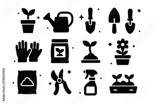 Home Gardening Icons. Gardening at Home. Solid icons set of gardening at home: potted plant, watering can, shovel, trowel, gloves, seed packet, sprout, flower