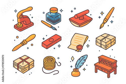 Vintage Postal Icons. Colorful isometric vector icons set of Vintage Postal Tools: brass stamp press, inkwell, blotting paper, calligraphy pen, antique letter