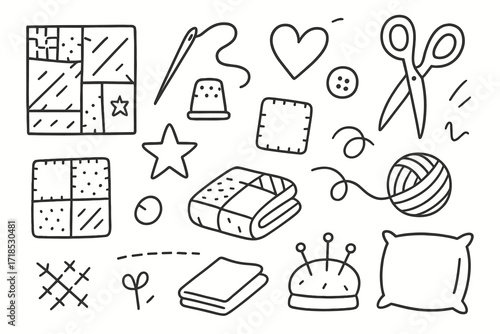 Crafting Essentials Icons. Hand-drawn doodle illustration Hand-stitched quilt needle, thread, scissors, thimble, button, star, heart, fabric square, patch,