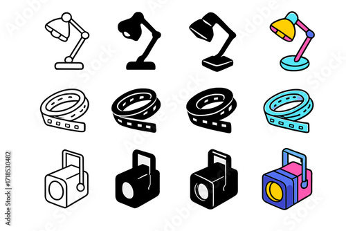 Lighting Icons Variety. Icon Set of Lighting setup: desk lamp, LED strip, spotlight. Icons set in vector style, emblematic variations. Desk lamp line, desk