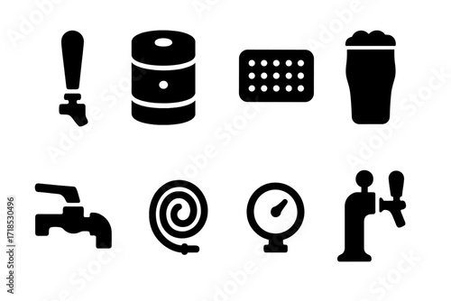 Beer Equipment Icons. Solid, filled icon set of tap bar equipment: tap handle, keg, drip tray, beer glass, tap faucet, coiled hose, pressure gauge, tap tower.