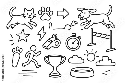 Animal Agility Doodles. Hand-drawn doodle illustration animal agility cat, dog, paw print, arrow, hurdle, star, lightning bolt, whistle, stopwatch, footprint,