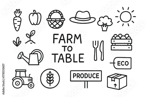 Farm to Table Icons. Hand-drawn doodle illustration Farm to Table vegetables, basket, farmer hat, soil icon, sun, plant sprout, watering can, garden bed,