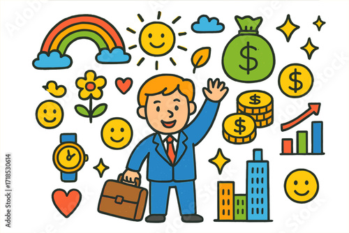 Childlike Money Ambition. Colorful Hand-drawn doodle Children illustration Money and Ambition businessman, briefcase, coins, money bag, dollar sign, rainbow,