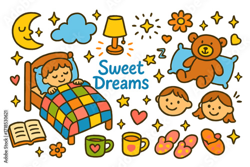 Sweet Dreams Doodle. Colorful Hand-drawn doodle Children illustration Sweet Dreams blanket, bed, pillow, teddy bear, stars, moon, cloud, lamp, book, mug,