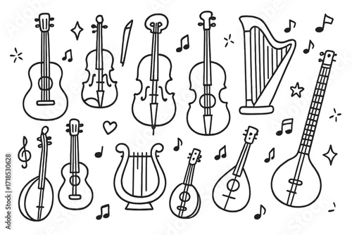 String Instruments Doodles. Hand-drawn doodle illustration Post-lockdown safety steps [open door, house, lock, checklist, shield, clock, people figure, phone,