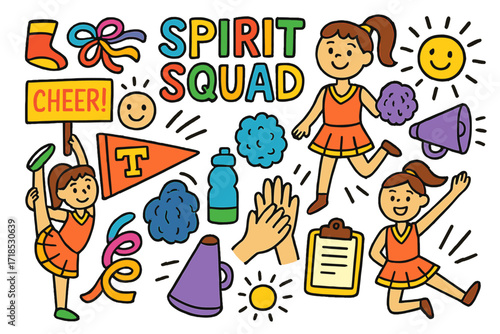 Cheer Squad Doodle Art. Colorful Hand-drawn doodle Children illustration Spirit squad practice cheer signs, ribbons, happy eyes, ponytail, loud voice lines,