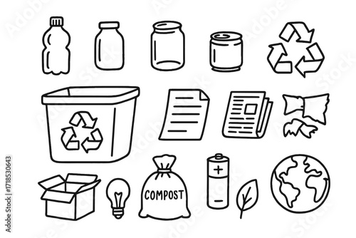 Recycling Doodle Icons. Hand-drawn doodle illustration recycled materials recycling bin, recycling arrows, plastic bottle, glass jar, aluminum can, cardboard
