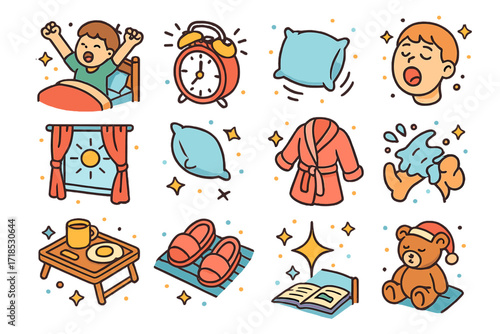 Morning Wake-Up Icons. Colorful isometric vector icons set of morning wake-up from sound sleep: stretching child in bed, alarm clock, sun through curtains,