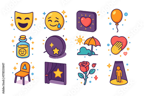 Emotional Icons Grid. Colorful isometric vector icons set of emotional contrasts in solitude: laughing mask, smiling with tear, glowing heart in shadow, bright