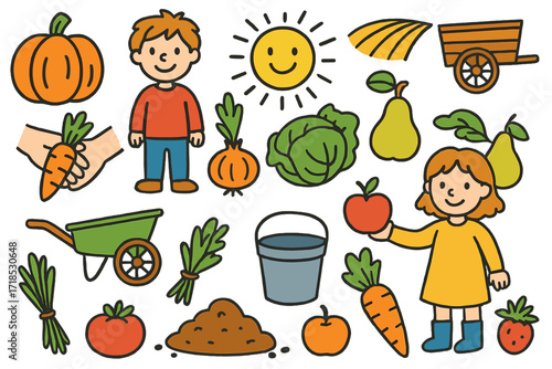 Autumn Harvest Doodle. Colorful Hand-drawn doodle Children illustration Harvest season pumpkin, carrot, onion, cabbage, wheelbarrow, apple, pear, smiling sun,