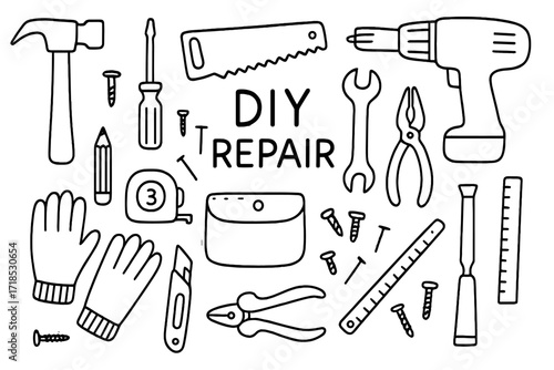 DIY Tool Doodles. Hand-drawn doodle illustration DIY repair tool set hammer, screwdriver, saw, drill, wrench, pliers, tape measure, chisel, ruler, screws,