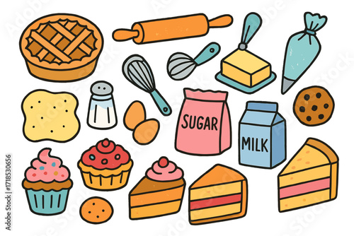 Colorful Pastry Doodle. Pastry making. Colorful Hand-drawn doodle Children illustration pie, rolling pin, dough, whisk, butter, sugar, flour, eggs, milk,