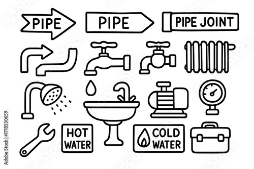 Plumbing Icons Doodle. Hand-drawn doodle illustration Pipe direction and labels arrow tag, pipe joint, faucet, valve, radiator, showerhead, sink, pump,