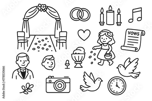 Wedding Ceremony Icons. Hand-drawn doodle illustration Wedding Ceremony arch, aisle, petals, chairs, altar, rings, unity candle, music note, officiant, heart,