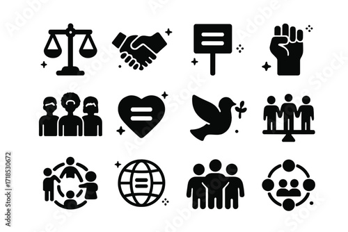 Social Equality Icons. Social Equality. Solid icons set of justice scale, handshake, equality symbol, protest sign, raised fist, diverse group, heart with