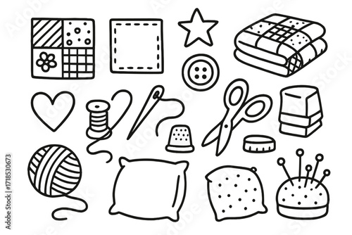 Quilting Tools Doodle. Hand-drawn doodle illustration Vintage quilt patch, fabric piece, folded quilt, stitching line, heart, star, button, thread spool,