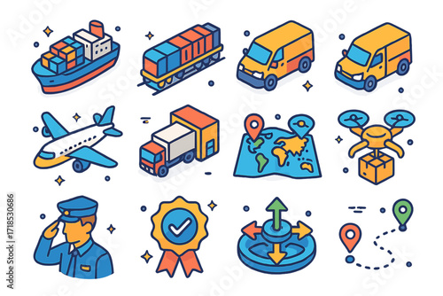 Transportation Logistics Icons. Colorful isometric vector icons set of transportation logistics: cargo ship, freight train, air freight plane, logistics van,