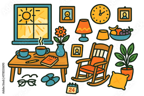 Cozy Afternoon Doodles. Colorful Hand-drawn doodle Children illustration [sunny indoor afternoon] [sunlight through window, tea cup, journal, flower vase,
