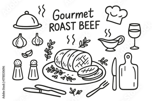 Gourmet Roast Doodle. Hand-drawn doodle illustration Gourmet roast roast beef, herbs, onion, garlic, serving tray, plate, fork, knife, gravy boat, wine glass,