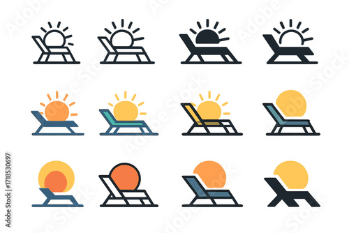 Outdoor Lounge Logo Grid. Set Logo of outdoor lounging: deck chair facing sunset. Logo set in vector style, emblematic variations. line, bold thick line, solid