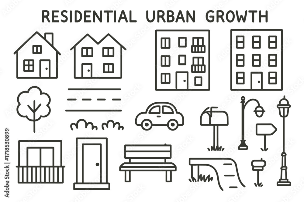 Obraz premium Urban Growth Doodle. Hand-drawn doodle illustration Residential urban growth house, duplex, condo, apartment, tree, street, sidewalk, car, lamppost, road sign,