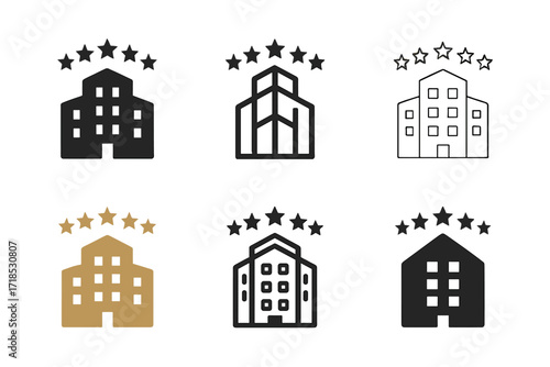 Five-Star Hotel Logos. Hotels. Set Logo of Hotels: Five-star badge. harmonious logo variations of the same emblematic concept, each with different artistic