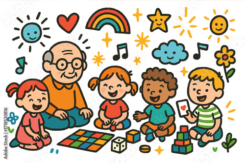 Joyful Kids' Game Time. Colorful Hand-drawn doodle Children illustration Playing Games Together [board game, dice, card, toy block, heart, grandparent, child,