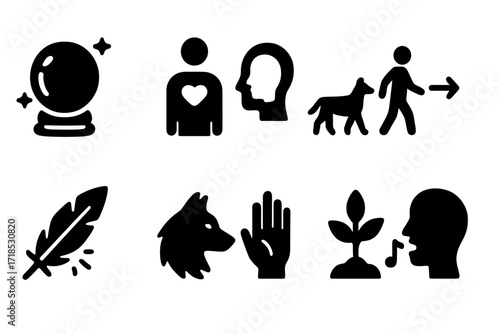 Shamanic Practices Icons. Solid, filled icon set of shamanic practices: divination, soul retrieval, dream interpretation, spirit journey, energy cleansing,