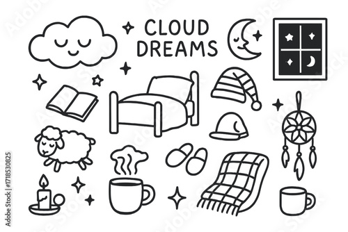 Cloud Dreams Doodle. Hand-drawn doodle illustration [Cloud dreams] [sleeping face, cloud, stars, moon, bed, book, sheep, slippers, candle, window, mug,