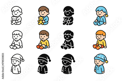 Pajama Accessories Icons. Icon Set of Pajama Accessories: Kid with bedtime toy, Kid with warm socks, Kid with pajama hat. Icons set in vector style, emblematic