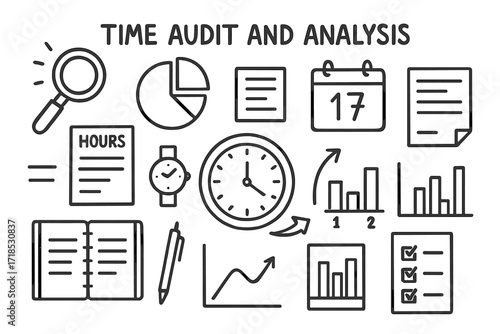 Time Management Doodles. Hand-drawn doodle illustration [Time audit and analysis] [magnifying glass, pie chart, calendar page, hour log, watch icon, note