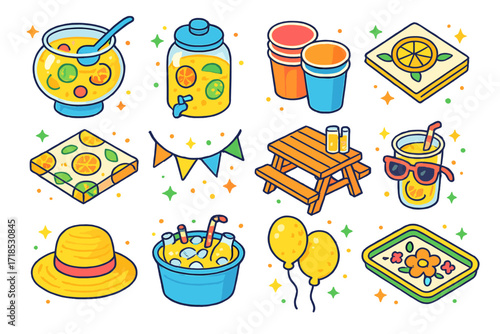 Summer Lemonade Icons. Colorful isometric vector icons set of summer lemonade party: large punch bowl, glass drink dispenser, colorful paper cups, lemon
